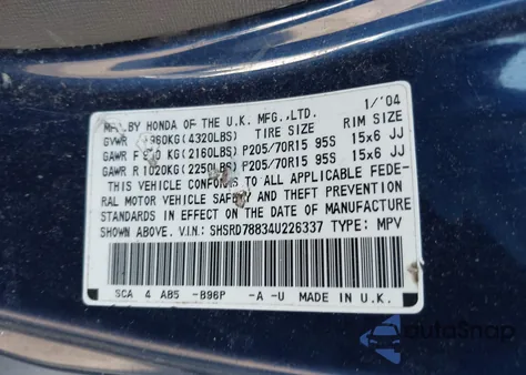 2004 Honda Cr-V Ex z USA, uszkodzony, nr VIN SHSRD78834U226337